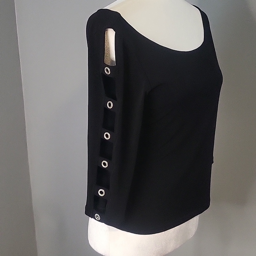 Joseph Ribkoff Vintage Black Stretchy 3/4 Sleeve Cutout Rhinestone Detail Sz 10